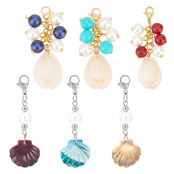 6 Style Cellulose Acetate(Resin) & Cowrie Shell Big Pendants, with Glass & Shell Pearl Beads, Stainless Steel Lobster Claw Clasps, Mixed Color, 51~57mm