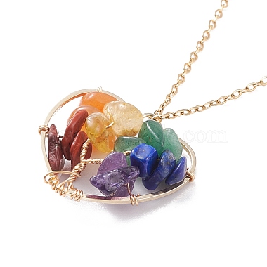 Natural Gemstone Chips Heart with Tree of Life Pendant Necklace(NJEW-JN03868-02)-4