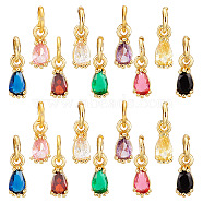 AHADERMAKER 18Pcs 9 Colors  Brass Pave Cubic Zirconia Charms, with Jump Ring, Long-Lasting Plated, Real 18K Gold Plated, Faceted Teardrop, Mixed Color, 8x3x3mm, Hole: 3mm, 2pcs/color(KK-GA0001-31)