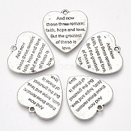 Tibetan Style Alloy Quote Pendants, Heart with Word, Antique Silver, 25x24x1.5mm, Hole: 1.8mm(X-PALLOY-S177-20)