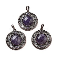 Natural Amethyst Pendants, Brass Hollow Flat Round Charms, Cadmium Free & Lead Free, Red Copper, 33.5x30.5x9.5mm, Hole: 8x5mm(G-Q158-03A-R02)