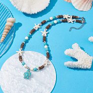 Synthetic Turquoise Tortoise Pendant Necklaces, with Starfish & Natural Coconut Beaded Chains, Turquoise, 15.35 inch(39cm)(NJEW-JN04573-02)