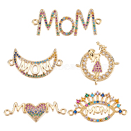 5Pcs 5 Styles Brass Micro Pave Colorful Cubic Zirconia Connector Charms, for Mother's Day, Heart & Moon & Eye with Word Mom, Mixed Shapes, Golden, 10~22.5x23.5~33.5x2~3mm, Hole: 1~1.6mm, 1pc/style(KK-NB0002-81)