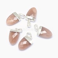 Natural Sunstone Pendants, with Long-Lasting Plated Brass Findings, Faceted, Scabbard, Silver Color Plated, 18~19x11x5mm, Hole: 4x6mm(X-G-F584-H11-S)