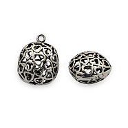 Brass Pendants, Hollow Flat Round with Heart Pattern, Nickel Free, Antique Silver, 21x16x11mm, Hole: 2mm(KK-J186-19AS-NF)
