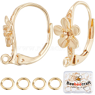 20Pcs Brass Leverback Earring Findings, Flower, with Loops & 20Pcs Open Jump Rings, Real 18K Gold Plated, 17x8mm, Hole: 1.5mm(FIND-BBC0003-19G)