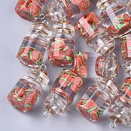Glass Bottle Pendants, with Resin & Polymer Clay & Iron Findings, Strawberry, Platinum, Salmon, 28~29x15mm, Hole: 2mm(GLAA-T001-04D)