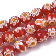 Handmade Millefiori Lampwork Beads Strands, Round, Red, 8mm, Hole: 1.2mm, about 48pcs/strand, 14.17 inch(36cm)(X-LAMP-R143-01F)