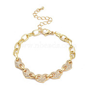 Brass Micro Pave Clear Cubic Zirconia Link Chain Bracelets, with Lobster Claw Clasps, Textured, Heart, Real 18K Gold Plated, 6-3/4 inch(17cm)(BJEW-M202-01G)