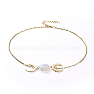 Pendant Necklaces, with Opalite Beads, 304 Stainless Steel Cable Chains, Iron Curb Chains, Double Horn/Crescent Moon Brass Pendants & Lobster Claw Clasps, 14.57 inch(37cm), Pendant: 59x17.8x6mm(NJEW-JN02655-06)