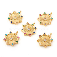 Brass Micro Pave Cubic Zirconia Pendants, Flat Round, Colorful, Real 18K Gold Plated, 17x15x2.5mm, Hole: 1.4mm(X-KK-I672-43G)