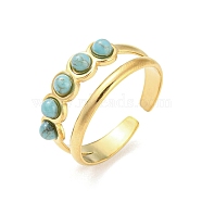 Synthetic Turquoise Beaded Open Cuff Ring, 304 Stainless Steel Hollow Ring, Golden, US Size 7 1/4(17.5mm)(RJEW-G293-01D)