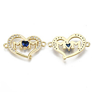 Real 16K Gold Plated Brass Micro Pave Cubic Zirconia Links Connectors, for Mother's Day, Cadmium Free & Nickel Free & Lead Free, Heart with Word Mom, Blue, 15x25x3mm, Hole: 1.4mm(KK-S061-91A-G-NR)