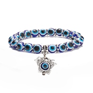 Resin Evil Eye Round Beaded Stretch Bracelet with Alloy Lotus, Yoga Jewelry for Women, Medium Blue, Inner Diameter: 2-1/4 inch(5.7cm)(BJEW-JB08266)