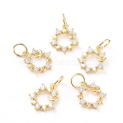 Brass Micro Pave Clear Cubic Zirconia Charms, with Jump Rings, Long-Lasting Plated, Ring & Star & Moon, Real 18K Gold Plated, 13.7x11.8x2mm, Jump Ring: 6.1x0.8mm, Hole: 4.5mm(X-ZIRC-I043-26G)