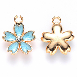 Alloy Enamel Pendants, with Crystal Rhinestone, Sakura Flower, Light Gold, Sky Blue, 17x14x3mm, Hole: 1.8mm(ENAM-S121-052C)