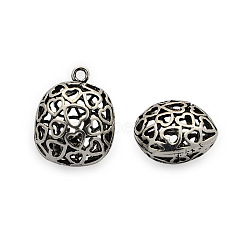 Brass Pendants, Hollow Flat Round with Heart Pattern, Nickel Free, Antique Silver, 21x16x11mm, Hole: 2mm(KK-J186-19AS-NF)