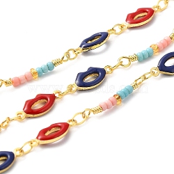 Handmade Brass Enamel Lip Link Chains, Glass Beaded Chains, Real 18K Gold Plated, Soldered, with Spool, Cadmium Free & Lead Free, Mixed Color, Bead Link: 18~19.5x3x2mm, Lip: 12.5x5x2mm(CHC-M024-26G-01)