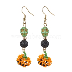 Glass Beads Pendant Dangle Earring, Synthetic Turquoise and Natural Lava Rock Beads, Pumpkin, for Halloween, Colorful, 65x16mm(EJEW-MZ00136)