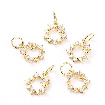 Brass Micro Pave Clear Cubic Zirconia Charms, with Jump Rings, Long-Lasting Plated, Ring & Star & Moon, Real 18K Gold Plated, 13.7x11.8x2mm, Jump Ring: 6.1x0.8mm, Hole: 4.5mm