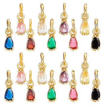 AHADERMAKER 18Pcs 9 Colors  Brass Pave Cubic Zirconia Charms, with Jump Ring, Long-Lasting Plated, Real 18K Gold Plated, Faceted Teardrop, Mixed Color, 8x3x3mm, Hole: 3mm, 2pcs/color