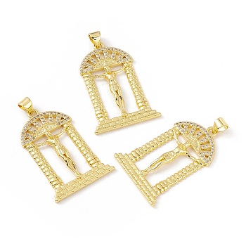 Rack Plating Brass Micro Pave Clear Cubic Zirconia Pendants, Long-Lasting Plated, Cadmium Free & Lead Free, Arch with Jesus, Real 18K Gold Plated, 35x24x3.5mm, Hole: 4x3.5mm
