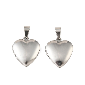 316 Stainless Steel Locket Pendants, Heart Charm, with 304 Stainless Steel Snap on Bails, Stainless Steel Color, 22.5x19.5x5.5mm, Hole: 6.5x3.5mm, Inner Diameter: 14x13mm