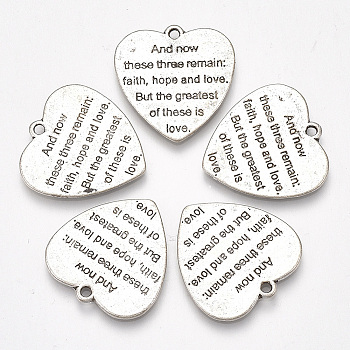 Tibetan Style Alloy Quote Pendants, Heart with Word, Antique Silver, 25x24x1.5mm, Hole: 1.8mm