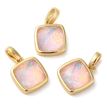 Rack Plating Brass with Synthetic Opal Pendants, Square, Pink, 14x11x5.5mm, Hole: 5mm