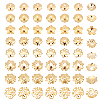 PandaHall Elite 160Pcs 8 Style 304 Stainless Steel Bead Caps, Mixed Shapes, Golden, 4~8x1~3mm, Hole: 0.8~2.1mm, 20pcs/style