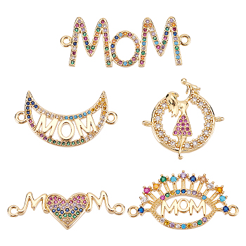 5Pcs 5 Styles Brass Micro Pave Colorful Cubic Zirconia Connector Charms, for Mother's Day, Heart & Moon & Eye with Word Mom, Mixed Shapes, Golden, 10~22.5x23.5~33.5x2~3mm, Hole: 1~1.6mm, 1pc/style