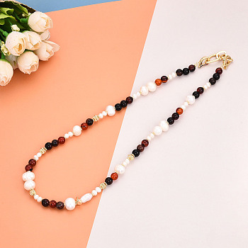 Natural Pearl & Agate & Crystal Round Beaded Necklaces, Brass Jewelry for Women, Real 14K Gold Plated, 18.70 inch(47.5cm)