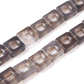 Natural Grey Agate Beads Strands, Hollow Square, 10x10x3~4mm, Hole: 1mm, about 20pcs/strand, 8.07 inch(20.5cm)