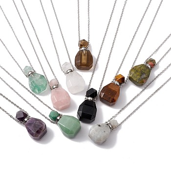 Openable Faceted Natural & Synthetic Mixed Stone Perfume Bottle Pendant Necklaces for Women, 304 Stainless Steel Cable Chain Necklaces, Stainless Steel Color, 18.50 inch(47cm)