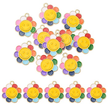 Alloy Enamel Pendants, Flower with Smiling Face, Light Gold, 18.5x16x1.5mm, Hole: 1.6mm