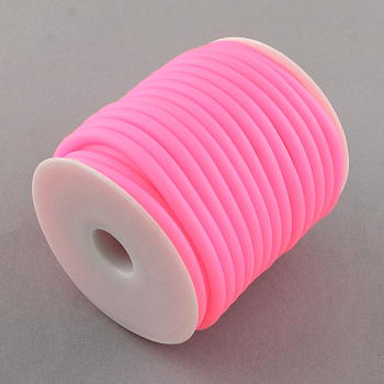 Synthetic Rubber Cord, Hollow, with White Plastic Spool, Pink, 5mm, Hole: 3mm, about 10.93 yards(10m)/roll