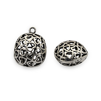 Brass Pendants, Hollow Flat Round with Heart Pattern, Nickel Free, Antique Silver, 21x16x11mm, Hole: 2mm