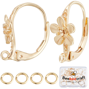20Pcs Brass Leverback Earring Findings, Flower, with Loops & 20Pcs Open Jump Rings, Real 18K Gold Plated, 17x8mm, Hole: 1.5mm
