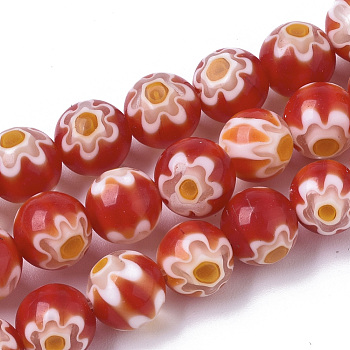 Handmade Millefiori Lampwork Beads Strands, Round, Red, 8mm, Hole: 1.2mm, about 48pcs/strand, 14.17 inch(36cm)