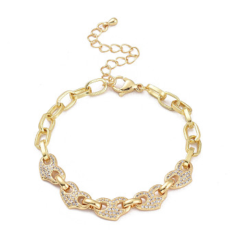 Brass Micro Pave Clear Cubic Zirconia Link Chain Bracelets, with Lobster Claw Clasps, Textured, Heart, Real 18K Gold Plated, 6-3/4 inch(17cm)