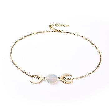 Pendant Necklaces, with Opalite Beads, 304 Stainless Steel Cable Chains, Iron Curb Chains, Double Horn/Crescent Moon Brass Pendants & Lobster Claw Clasps, 14.57 inch(37cm), Pendant: 59x17.8x6mm