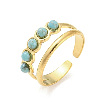 Synthetic Turquoise Beaded Open Cuff Ring, 304 Stainless Steel Hollow Ring, Golden, US Size 7 1/4(17.5mm)