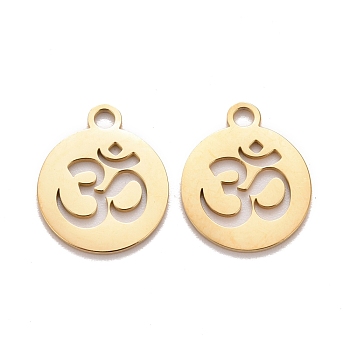 201 Stainless Steel Pendants, Laser Cut, Manual Polishing, Flat Round with Ohm, Golden, 14x12x1mm, Hole: 1.6mm