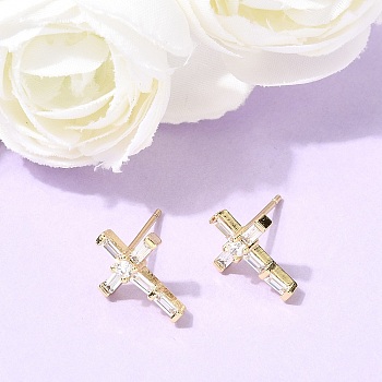 Cross Brass Micro Pave Clear Cubic Zirconia Stud Earrings, Cadmium Free & Lead Free, Long-Lasting Plated, Rack Plating, Real 18K Gold Plated, 13.5x9.5mm
