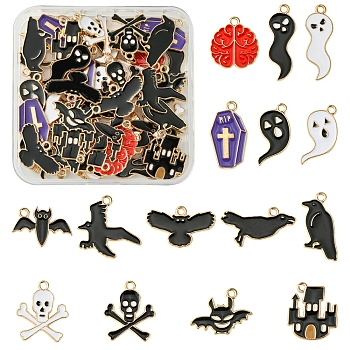 60Pcs 15 Styles Halloween Theme Alloy Enamel Pendants, Mixed Shapes, Mixed Color, 16~23.5x12.5~19.5x1.5mm, Hole: 1.6~1.8mm, 4pcs/style