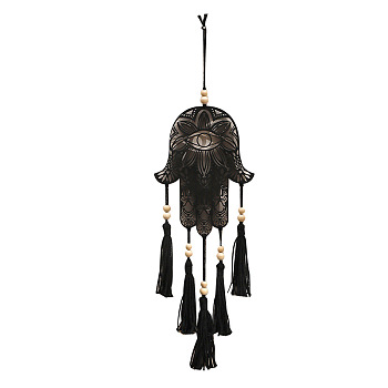 Bohemian Wooden Hamsa Hand with Tassel Pendant Decorations, for Home Wall Hanging Ornaments, Black, 490x170mm