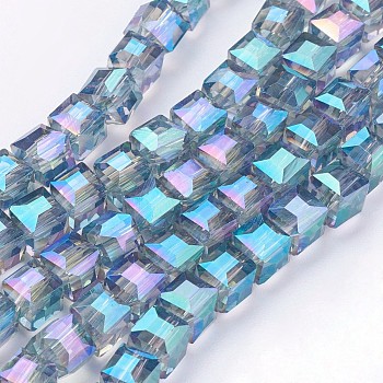 Electroplate Glass Bead Strands, Faceted, Cube, Medium Aquamarine, 6x6x6mm, Hole: 1mm, about 100pcs/strand, 21.6 inch