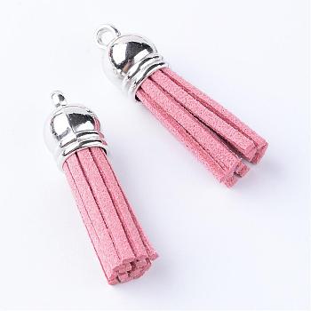 Faux Suede Tassel Pendant Decorations, with CCB Plastic Cord Ends, Platinum, Light Coral, 35~37x10mm, Hole: 1.8mm
