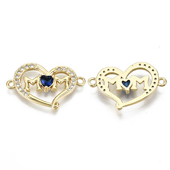 Real 16K Gold Plated Brass Micro Pave Cubic Zirconia Links Connectors, for Mother's Day, Cadmium Free & Nickel Free & Lead Free, Heart with Word Mom, Blue, 15x25x3mm, Hole: 1.4mm