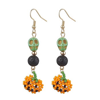 Glass Beads Pendant Dangle Earring, Synthetic Turquoise and Natural Lava Rock Beads, Pumpkin, for Halloween, Colorful, 65x16mm